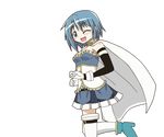  ;d animated animated_gif armband blue_eyes blue_hair cape gloves hangaku highres magical_girl mahou_shoujo_madoka_magica miki_sayaka one_eye_closed open_mouth short_hair smile solo soul_gem spinning thighhighs transparent_background zettai_ryouiki 