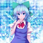  blue_eyes blue_hair blush bow cirno finger_to_mouth hair_bow highres looking_at_viewer nikka_(cryptomeria) ribbon short_hair smile snowflakes solo touhou wings 
