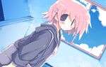  blue_eyes blush cloud dutch_angle hair_ornament hairclip jacket original pink_hair profile sakaki_(noi-gren) short_hair smile solo window 