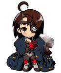  :&lt; ahoge blush brown_hair camouflage chibi eyepatch gakuran gloves highres jacket justice_gakuen kazama_akira knee_pads school_uniform shiritsu_justice_gakuen short_hair simple_background skull solo usuiken white_background 