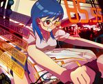  arcade arcade_cabinet bad_id bad_pixiv_id bee_(the-bee8607) blue_hair breasts countdown glasses grin ground_vehicle long_hair medium_breasts motor_vehicle motorcycle original playing_games red_eyes smile 