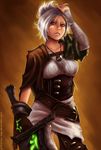 bad_deviantart_id bad_id bandages belt breasts brown_eyes corset dark_skin dave_cheung facial_mark gloves highres jewelry large_breasts league_of_legends lips necklace nose realistic riven_(league_of_legends) short_hair silver_hair solo sword tribal watermark weapon web_address white_hair 