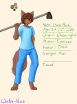  anthro barefoot biped canine chase_hart clothed clothing english_text eyebrows fur hair hoe holding_object looking_at_viewer male mammal model_sheet pants shirt signature simple_background smile solo standing text what_the_hart_wants wolf wolfie-pawz 
