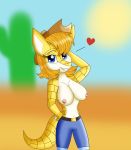  2019 anthro big_breasts blonde_hair blue_eyes breasts cactus clothed clothing cowgirl_(disambiguation) desert digital_media_(artwork) fan_character female flirting hair kendratheshinyeevee looking_at_viewer mammal navel nintendo nipples outside pok&eacute;mon pok&eacute;mon_(species) pok&eacute;morph sammi_the_sandshrew sandshrew seductive smile solo sun teeth topless video_games 