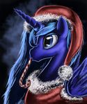 black_background blue_eyes blue_hair candy_cane christmas_hat clothed clothing equine female friendship_is_magic hair hat horn horse huussii long_hair mammal my_little_pony plain_background pony princess_luna_(mlp) simple_background solo winged_unicorn wings 