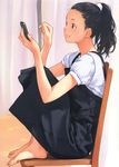  absurdres apple_inc. barefoot black_eyes black_hair bobby_pin cellphone chair dress feet feet_on_chair hair_ornament hairclip hands highres holding indoors iphone kamo_(gafas) knees_up long_hair original phone ponytail scan sitting skirt smartphone smile solo toes 