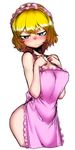  :&lt; alice_margatroid annoyed apron bad_id bad_pixiv_id blonde_hair blush breasts covered_nipples hairband large_breasts looking_at_viewer naked_apron short_hair simple_background sketch solo space_jin touhou white_background wide_hips 