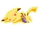  1girl blue_(pokemon) blush brown_hair closed_eyes gen_1_pokemon giant hat head_on_shoulder knees_together_feet_apart loose_socks metallic_girl ookido_green orange_hair pikachu pokemon pokemon_(creature) pokemon_(game) pokemon_frlg sleeping sleeping_upright socks spiked_hair tail 