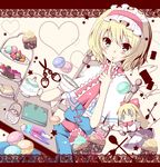  alice_margatroid blonde_hair blue_eyes blush bow cake capelet cookie cup cupcake finger_to_mouth food fruit hair_bow hairband heart kiwifruit macaron meiya_neon notebook orange pen scissors shanghai_doll short_hair sitting solo spoon strawberry sugar_cube teapot thread tiered_tray touhou 