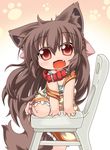  animal_ears ankle_ribbon bow brown_eyes brown_hair chair chibi climbing collar dog_ears dog_tail dress fang hair_bow kuroneko_liger long_hair manaka off_shoulder open_mouth original paw_print ribbon smile solo strap_slip tail 