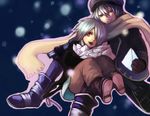  2boys boots gauche_suede gloves hair_over_one_eye hat lag_seeing lowres multiple_boys purple_eyes scarf silver_hair tegami_bachi 