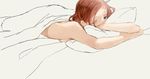  bad_id bad_pixiv_id bed bed_sheet blanket blue_eyes breast_press breasts brown_hair kurage long_hair nude pillow saki sideboob small_breasts solo takei_hisa wince 