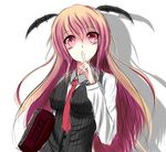  bad_id bad_pixiv_id bat_wings book buttons dress_shirt finger_to_mouth head_wings holding holding_book koakuma long_hair long_sleeves looking_at_viewer necktie red_eyes red_hair red_neckwear shadow shirt shushing simple_background sketch smile solo touhou tsukino_shiori upper_body very_long_hair vest white_shirt wings 