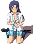  blue_hair blush bra idolmaster idolmaster_(classic) kisaragi_chihaya lielos long_hair necktie rough_time_school sitting solo underwear undressing wariza white_bra 