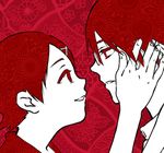  1girl eye_contact floral_print fuura_kafuka glasses hair_ornament hairclip hand_on_another's_cheek hand_on_another's_face itoshiki_nozomu looking_at_another lowres monochrome patterned patterned_hair red sayonara_zetsubou_sensei smile 