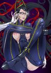  1girl ass bayonetta bayonetta_(character) black_hair breastless_clothes breastless_clothing breasts brown_eyes erect_nipples glasses highres large_breasts lips long_hair mole pussy uncensored witch zunta 