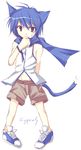  animal_ears blue_eyes blue_hair blue_scarf blush cat_ears cat_tail cyprus kaito kemonomimi_mode male_focus scarf simple_background smile solo tail vocaloid white_background 