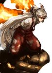  bow fire fujiwara_no_mokou hair_bow inishie_kumo long_hair pants red_eyes silver_hair solo suspenders touhou very_long_hair wings 