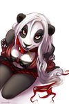  anthro bear bra breasts cleavage clothed clothing female hair long_hair looking_at_viewer mammal navel necklace panda pen pencil red_eyes shalinka shalinka_(character) smile solo underwear white_hair 