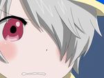  1boy grey_hair gununu hair_over_one_eye hat lag_seeing lowres meme red_eyes tegami_bachi 