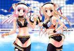  2girls animal_ears ass bikini blonde_hair cleavage erect_nipples hasumi_elan long_hair original pink_hair swimsuit tail thighhighs volleyball 