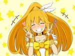  ^_^ blonde_hair blush bow choker closed_eyes cure_peace double_v grin hair_flaps heart kayama_kenji kise_yayoi long_hair magical_girl ponytail precure smile smile_precure! solo star tiara v yellow yellow_bow yellow_choker 