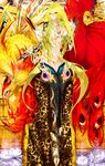  bird blonde_hair brws flower gloves highres long_hair lotus original phoenix sitting thighhighs yellow_eyes 