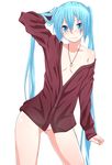  aqua_eyes aqua_hair areolae bad_id bad_pixiv_id bottomless cardigan hatsune_miku highres jaku_denpa jewelry long_hair looking_at_viewer naked_cardigan necklace ring see-through shirt simple_background solo very_long_hair vocaloid 