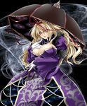  blonde_hair breasts brooch choker cleavage dress eyes gap gloves hair_ribbon highres jewelry koumajou_densetsu koumajou_densetsu_2 large_breasts long_hair no_hat no_headwear open_mouth purple_eyes ribbon smile solo touhou umbrella white_gloves yakumo_yukari yoiti 