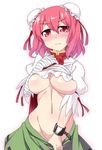  blush breasts bun_cover double_bun frown ibaraki_kasen large_breasts looking_at_viewer navel no_bra no_panties pink_hair red_eyes sama_samasa shirt_lift short_hair skirt skirt_pull solo touhou underboob undressing 