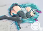  bass_clef beamed_eighth_notes beamed_sixteenth_notes character_name cyprus eighth_note eighth_rest flat_sign green_eyes green_hair hatsune_miku long_hair lying musical_note natural_sign quarter_note sharp_sign sheet_music skirt solo thighhighs treble_clef very_long_hair vocaloid whole_rest 