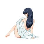  arm_support barefoot bed_sheet black_eyes black_hair blush breasts fujiwara_aya full_body hairu long_hair long_legs looking_back medium_breasts mouth_hold nude profile see-through simple_background solo super_real_mahjong white_background 