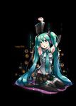  aqua_eyes aqua_hair armpits arms_up bare_shoulders black_background caffein character_name detached_sleeves full_body hatsune_miku headphones highres long_hair looking_at_viewer necktie open_mouth sitting skirt solo stretch thighhighs twintails very_long_hair vocaloid zettai_ryouiki 