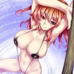  armpits arms_up blush breasts coin highres large_breasts nippleless_clothes nipples onozuka_komachi red_eyes red_hair short_hair slender_waist slingshot_swimsuit smile solo sweat swimsuit touhou tro two_side_up 