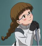  1girl blush braid braided_hair broom_stick brown_eyes glasses gundam gundam_age hime_cut remi_ruth space_suit stare staring 