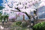  boulder building bush cherry_blossoms flower highres ikeda_jun_(mizutamari) md5_mismatch multiple_girls open_mouth original petals ponytail scenery school_uniform standing walking window 