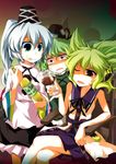  alcohol bottle cup dress drinking_glass earmuffs food food_on_face green_dress green_eyes green_hair hat japanese_clothes kariginu kurinton licking_lips mononobe_no_futo multiple_girls open_mouth ponytail short_hair silver_hair sitting skirt smile soga_no_tojiko tate_eboshi tongue tongue_out touhou toyosatomimi_no_miko wince wine wine_glass 