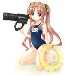  ano_natsu_de_matteru barefoot brown_eyes brown_hair camera full_body indigorabbit innertube kneeling long_hair name_tag old_school_swimsuit one-piece_swimsuit school_swimsuit simple_background solo swimsuit white_background yamano_remon 