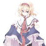  alice_margatroid black_legwear blonde_hair blue_eyes capelet dress dress_lift hairband mochiki pantyhose short_hair simple_background solo touhou 