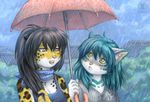  anthro black_hair cute duo eye_contact feline female green_hair hair kacey leopard mammal rain snow_leopard snow_serval umbrella 
