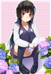  bangs black_hair black_legwear blunt_bangs blush convenient_leg flower hair_ornament hydrangea leg_hug loafers long_hair pigeon-toed pleated_skirt red_eyes sanka_rea sankarea school_uniform shoes skirt smile solo thighhighs umeboshitora 