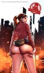  1boy 1girl anus ass bottomless brown_hair capcom claire_redfield from_behind highres jacket legs lips long_hair looking_at_viewer looking_back mr_x naughty_face ponytail pouch presenting pussy radio red_jacket resident_evil resident_evil_2 smile spread_ass tied_hair tyrant uncensored 