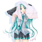  cyprus green_eyes green_hair hatsune_miku long_hair looking_at_viewer necktie simple_background skirt solo towel very_long_hair vocaloid wet white_background 