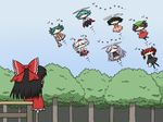  animal_ears antennae aqua_hair bow braid broom brown_hair bunny_ears cape carrot carrot_necklace cat_ears cat_tail chen chibi commentary day dress ear_wiggle flying from_behind green_hair hair_bow hair_tubes hakurei_reimu hat helicopter_hair holding inaba_tewi inubashiri_momiji jewelry kaenbyou_rin kasodani_kyouko kurokoori lavender_hair long_hair long_sleeves looking_up multiple_girls multiple_tails necklace no_mouth no_nose pants pendant purple_hair red_cape red_hair reisen_udongein_inaba shield short_sleeves silver_hair single_earring sitting skirt sky solid_eyes sword tail tokin_hat touhou tree twin_braids weapon wheelbarrow wide_face wriggle_nightbug 