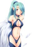  aqua_hair bad_id bad_pixiv_id bare_shoulders blush breasts circlet cleavage duel_monster feathers hair_over_one_eye harpie_queen highres komimiyako long_hair medium_breasts navel pointy_ears ponytail purple_eyes simple_background smile solo very_long_hair white_background wings yuu-gi-ou 