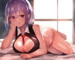  1girl absurdres aritsuno backlighting bare_arms bare_shoulders barefoot bed_sheet between_breasts black_shirt blurry blush breasts cheek_rest chin_rest cleavage closed_mouth collared_shirt commentary_request crop_top fate/grand_order fate_(series) highres large_breasts light_particles looking_at_viewer lying mash_kyrielight necktie necktie_between_breasts no_pants on_stomach panties pillow purple_eyes purple_hair red_neckwear revision shirt short_hair sidelocks sleeveless sleeveless_shirt smile solo steam stomach sweat thighs underwear white_panties window 