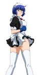  1girl blue_hair bow breasts costume eyepatch female girl gloves green_eyes ikkitousen large_breasts legwear maid maid_uniform official_art panties ryomou_shimei school_uniform short_hair simple_background solo standing stockings thighhighs underwear white_background 