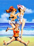  90s absurdres aqua_eyes barefoot beach bikini blue_hair bow bracelet brown_eyes brown_hair cloud day earrings green_eyes grin hair_bow hat highres indoors jewelry kaori_(super_real_mahjong) long_hair mana_(super_real_mahjong) multiple_girls navel ocean one-piece_swimsuit one_eye_closed outdoors red_hair sand sandals short_hair sitting sky smile standing super_real_mahjong swimsuit tanaka_ryou water yuu_(super_real_mahjong) 