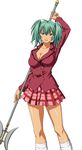  1girl breasts female green_eyes green_hair ikkitousen large_breasts legwear official_art open_mouth ryofu_housen school_uniform simple_background skirt smile solo standing stockings thighhighs weapon white_background 