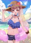  1girl bangs beach bikini_top blue_bikini_top blue_choker breasts brown_scrunchie choker cleavage cloud collarbone cowboy_shot day elu_(nijisanji) eyebrows_visible_through_hair fairy_wings flower frilled_bikini_top grey_hair groin hand_on_headwear hat hat_flower hat_ribbon highres innertube light_blush long_hair looking_at_viewer midriff navel nijisanji ocean outdoors pockets_visible pointy_ears ponytail racchi. red_eyes red_flower ribbon round_teeth scrunchie short_shorts shorts sidelocks solo straw_hat striped striped_ribbon sun sun_hat teeth upper_teeth very_long_hair virtual_youtuber wings wrist_scrunchie 